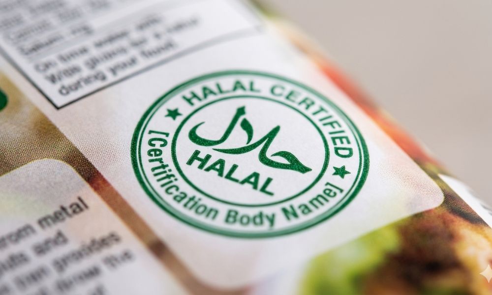 Close-up of a halal certification logo on sweet packaging