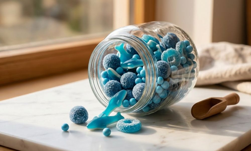 blue sweets spilling out of a jar