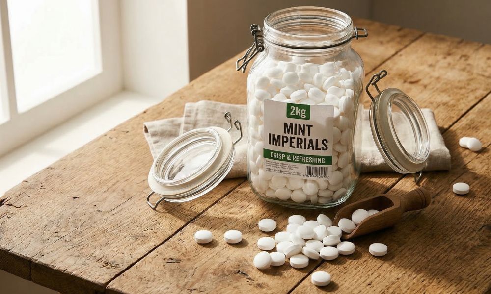 mint imperials in a glass jar
