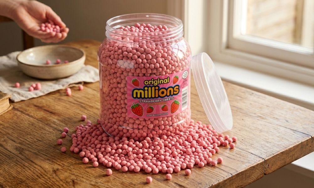 millions strawberry sweets in a big jar