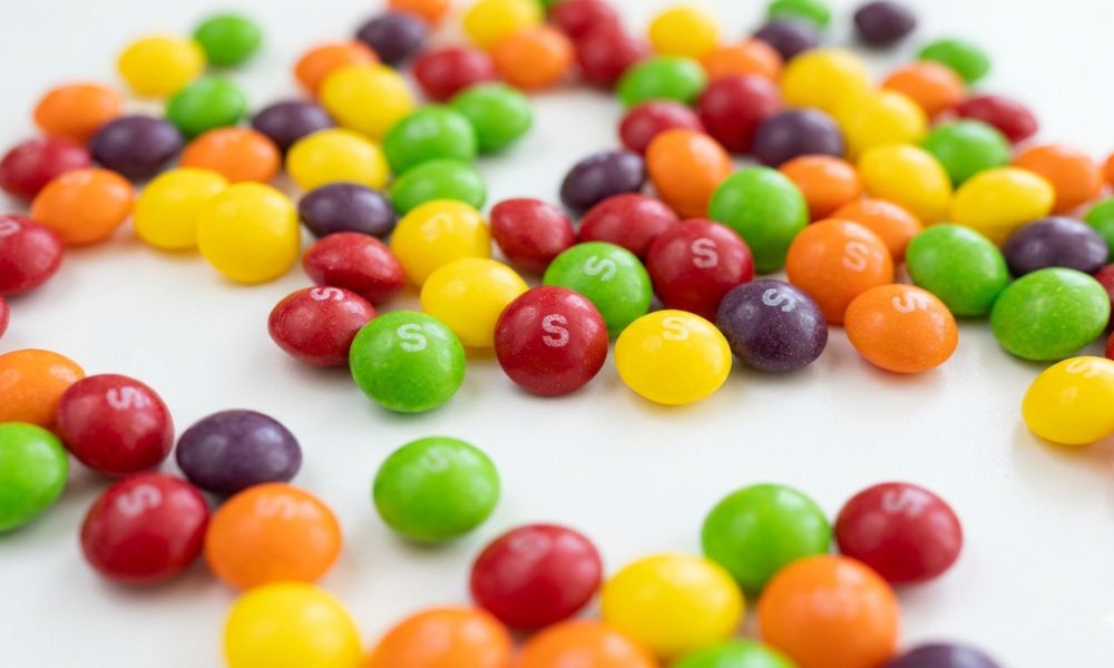 skittles spilled out on the table