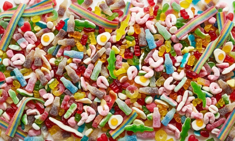 Colourful pick n mix sweets spread out showing the range available to buy online in the UK