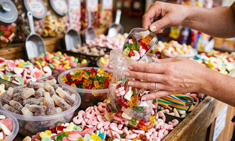 Filling a pick n mix bag with sweets online UK