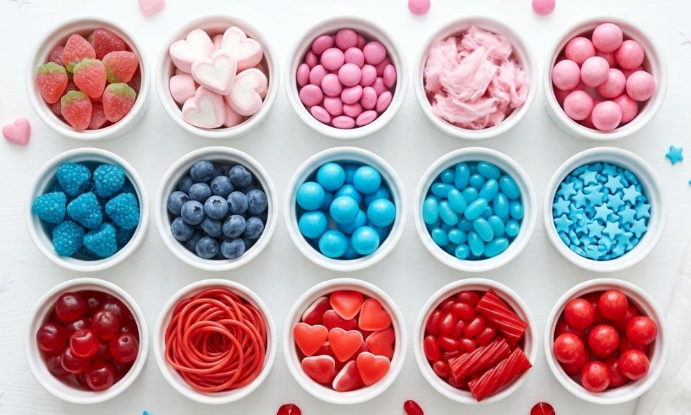 Sweets sorted by colour for parties available to buy online at One Pound Sweets