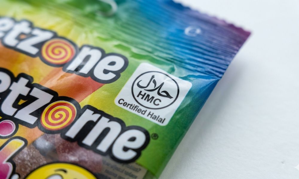 Close-up of Sweetzone packaging showing halal certification mark