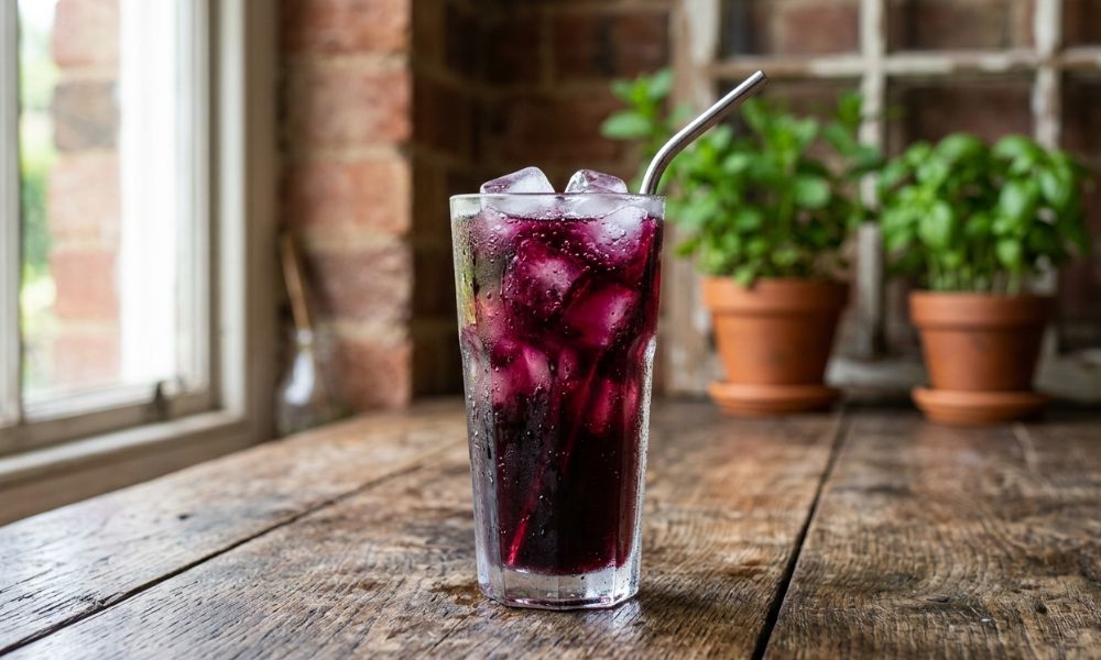 A glass of dark purple Vimto cordial with ice on a wooden surface
