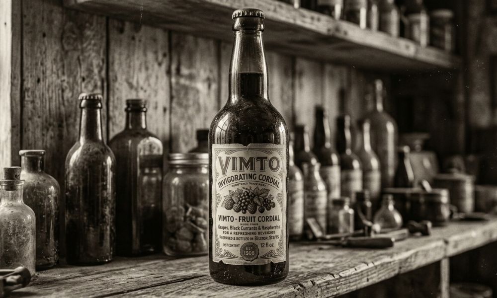 A vintage-style image of an early Vimto bottle or advertisement